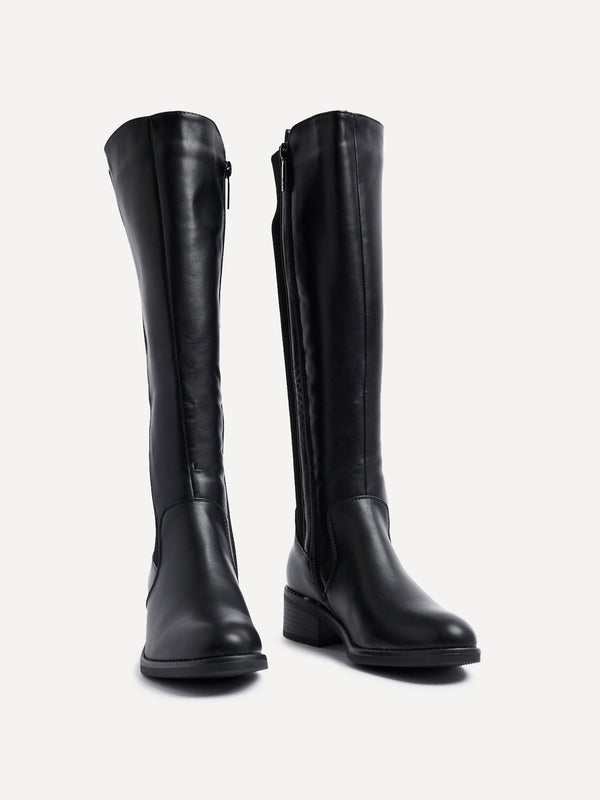 Linzi Black Faux Leather Classic Riding Style Boot With Elasticated Back Panel