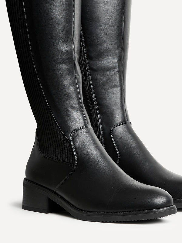Linzi Black Faux Leather Classic Riding Style Boot With Elasticated Back Panel
