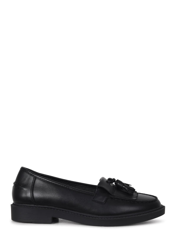 Linzi Black Faux Leather Classic Slip On Loafer With Fringing