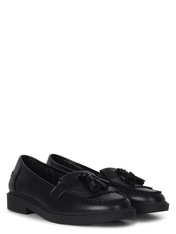 Linzi Black Faux Leather Classic Slip On Loafer With Fringing