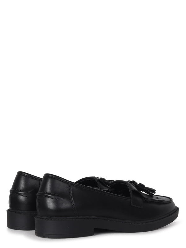Linzi Black Faux Leather Classic Slip On Loafer With Fringing