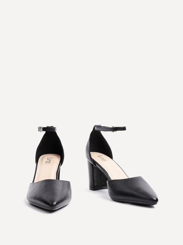 Linzi Black Faux Leather Closed Back Block Heeled Court Shoe