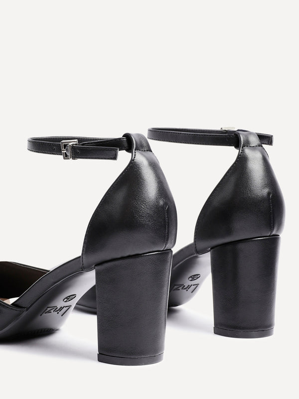 Linzi Black Faux Leather Closed Back Block Heeled Court Shoe