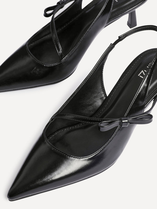 Linzi Black Faux Leather Court Heel With Bow Detail