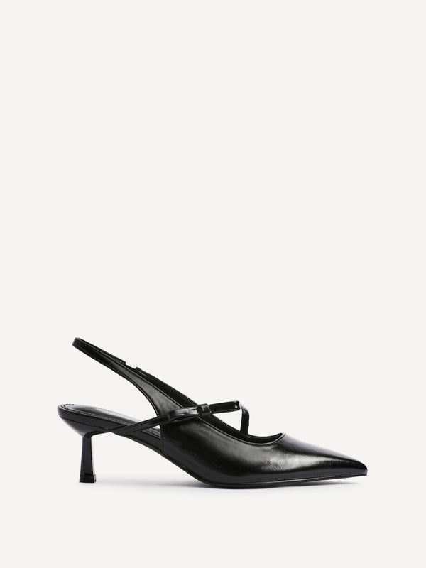 linzi Black Faux Leather Court Heel With Bow Detail