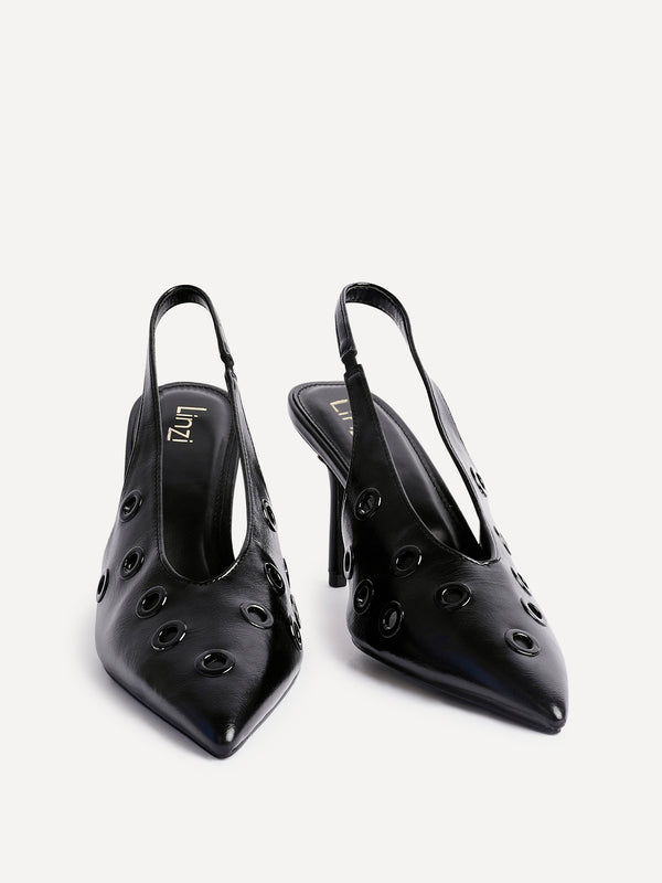 Linzi Black Faux Leather Court Heel With Eyelet Detail