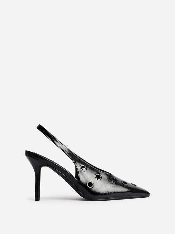 Linzi Black Faux Leather Court Heel With Eyelet Detail