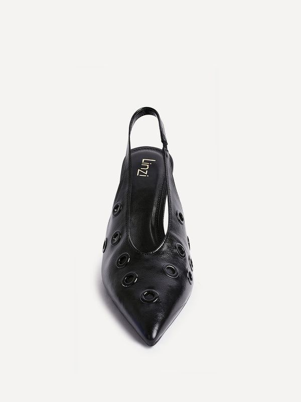 Linzi Black Faux Leather Court Heel With Eyelet Detail