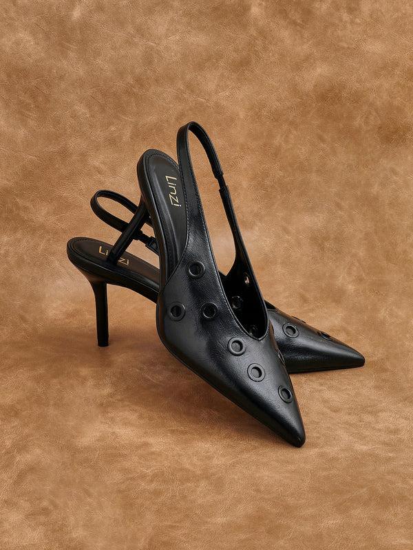 linzi Black Faux Leather Court Heel With Eyelet Detail