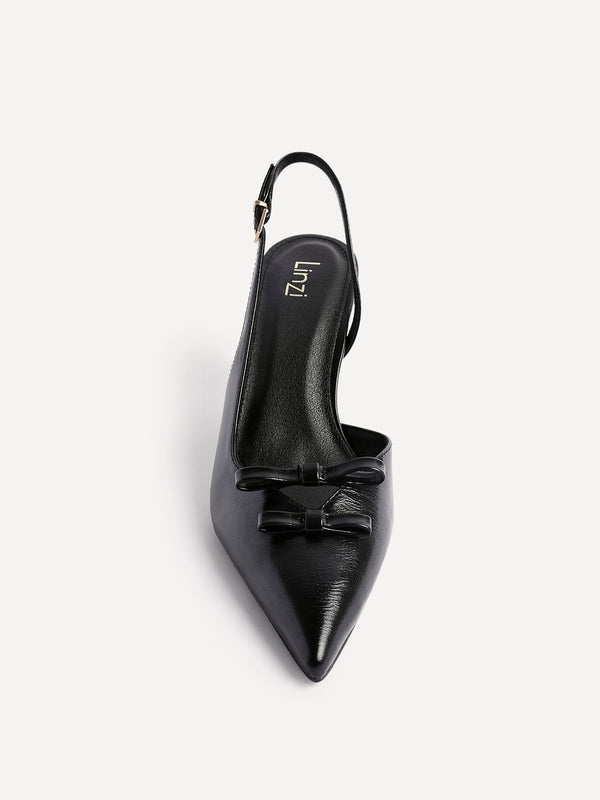Linzi Black Faux Leather Court Heels With Double Bow Detail