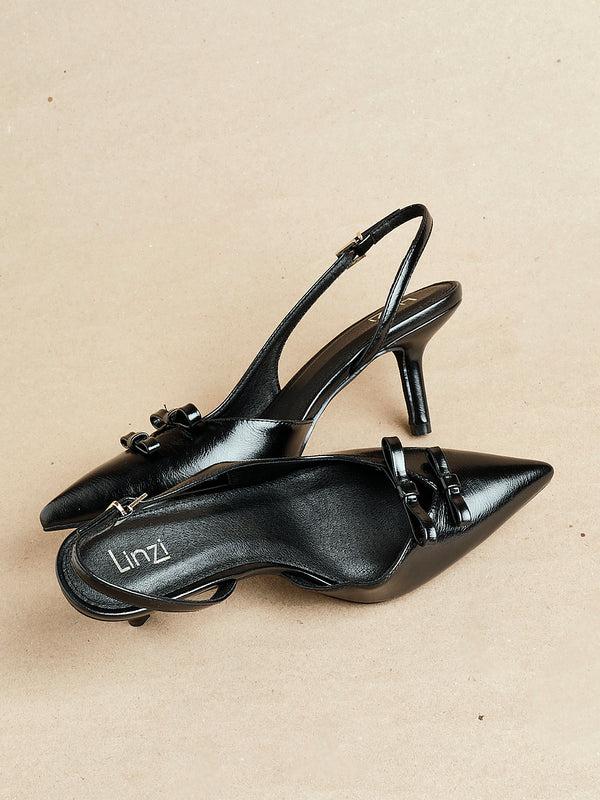 linzi Black Faux Leather Court Heels With Double Bow Detail
