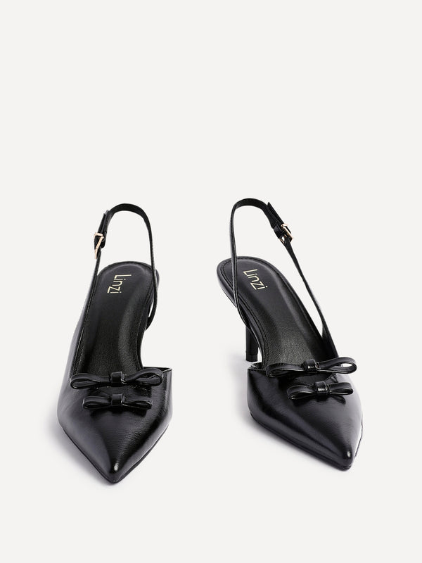 Linzi Black Faux Leather Court Heels With Double Bow Detail
