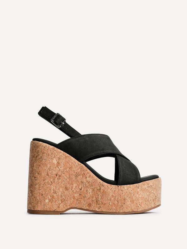 Linzi Black Faux Leather Crossover High Platform Cork Wedge