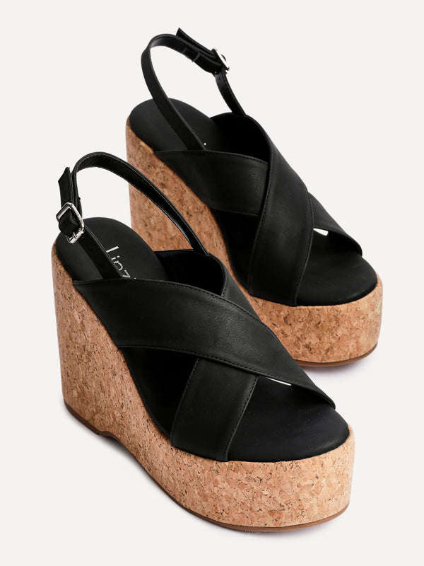 Linzi Black Faux Leather Crossover High Platform Cork Wedge