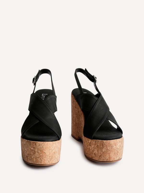Linzi Black Faux Leather Crossover High Platform Cork Wedge