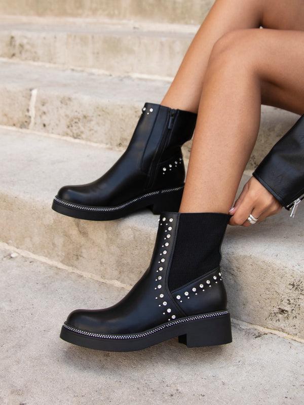 linzi Black Faux Leather Diamante Embellished Chelsea Boot