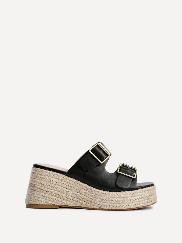 Linzi Black Faux Leather Double Buckle Espadrille Wedge Mule