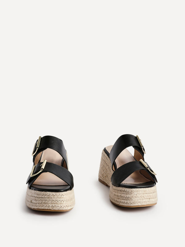 Linzi Black Faux Leather Double Buckle Espadrille Wedge Mule