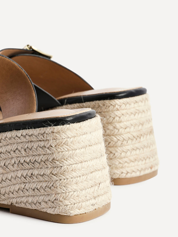 Linzi Black Faux Leather Double Buckle Espadrille Wedge Mule