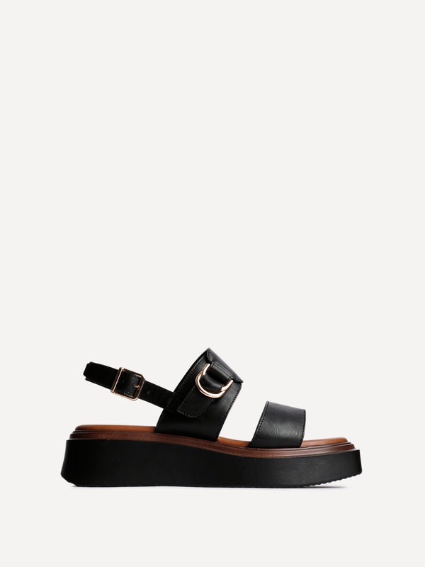 Linzi Black Faux Leather Double Strap Flatform Sandal With Buckle Detail