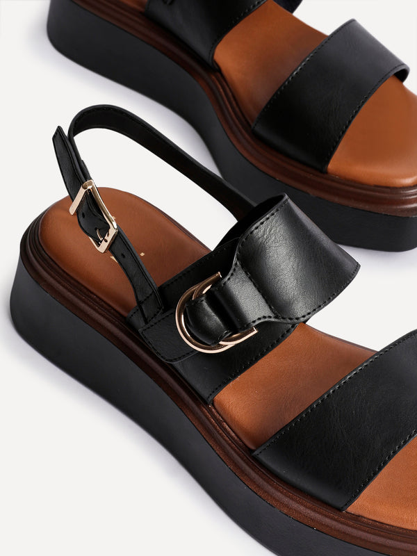 Linzi Black Faux Leather Double Strap Flatform Sandal With Buckle Detail