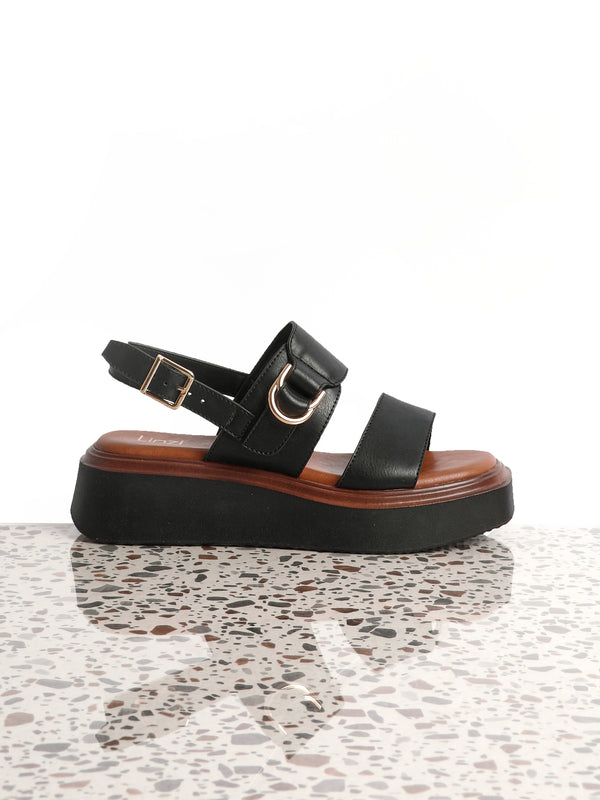 linzi Black Faux Leather Double Strap Flatform Sandal With Buckle Detail