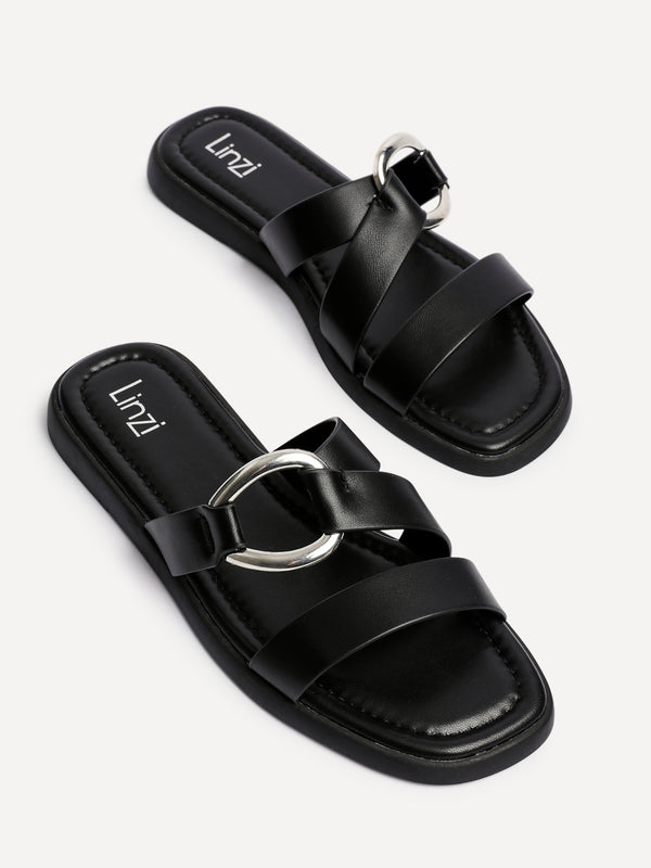 Linzi Black Faux Leather Double Strap Sandal With Buckle Detail