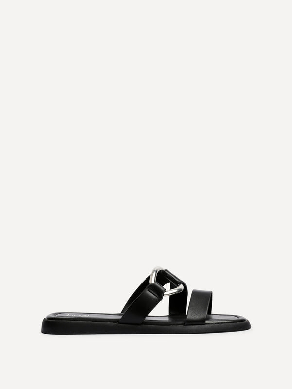 Linzi Black Faux Leather Double Strap Sandal With Buckle Detail