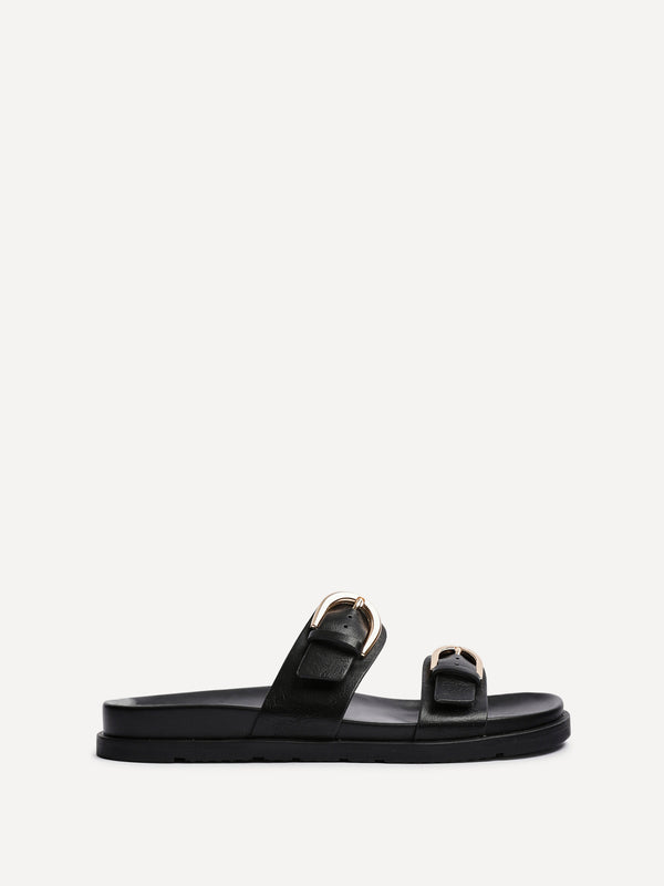 Linzi Black Faux Leather Flat Sandal With Double Buckle Detail