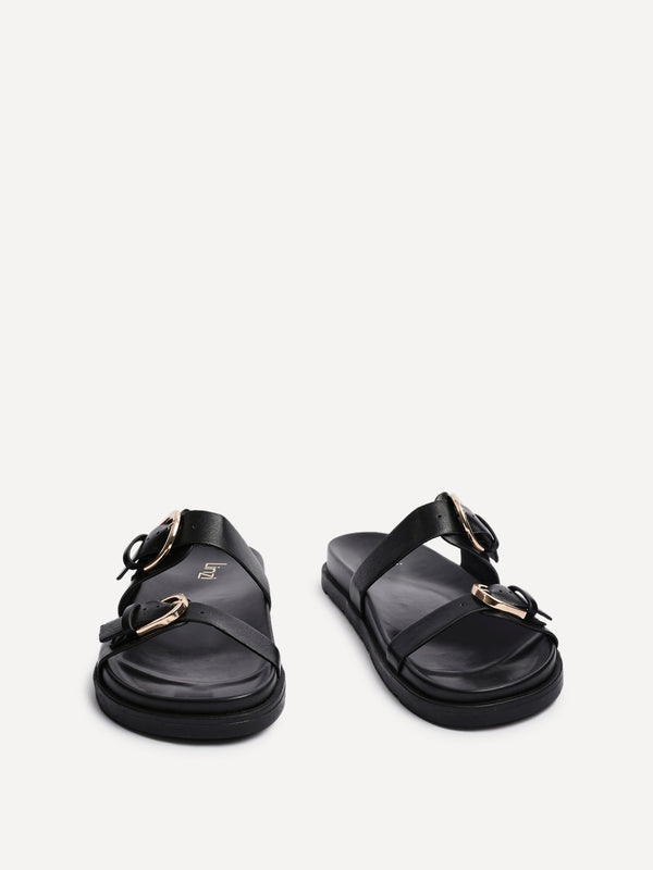 Linzi Black Faux Leather Flat Sandal With Double Buckle Detail