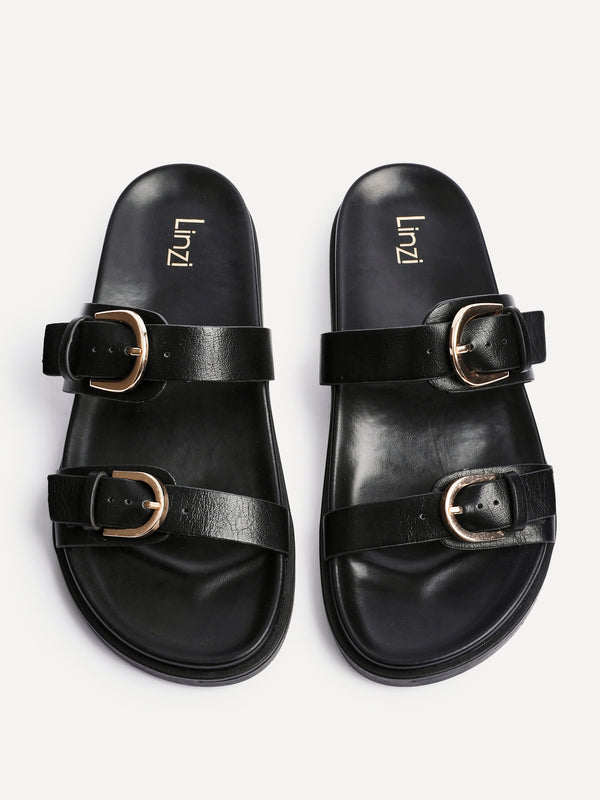 Linzi Black Faux Leather Flat Sandal With Double Buckle Detail
