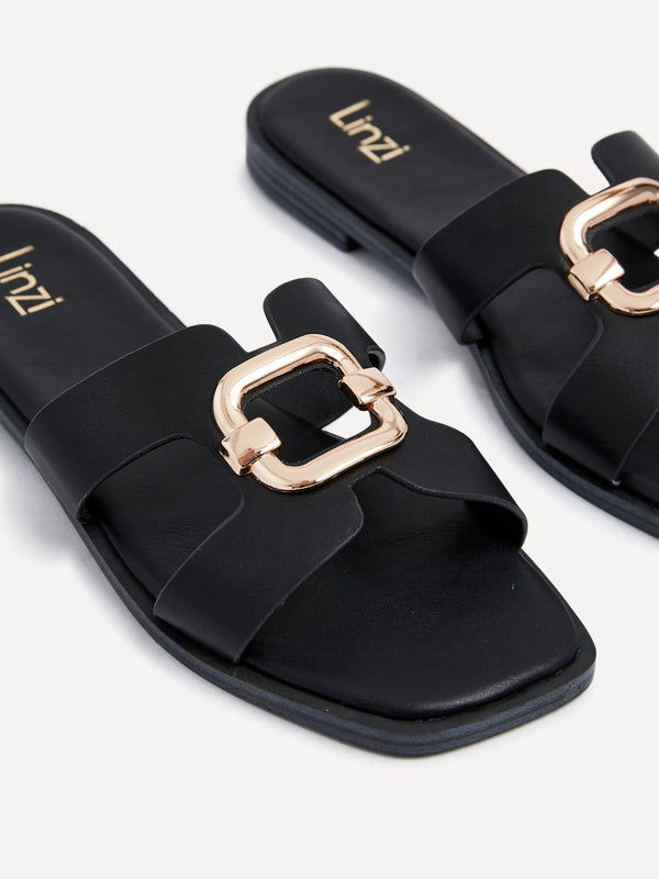 Linzi Black Faux Leather Flat Sandal With Gold Embellished Detail
