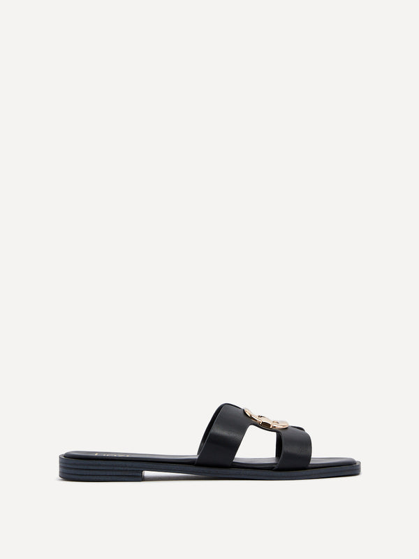 Linzi Black Faux Leather Flat Sandal With Gold Embellished Detail