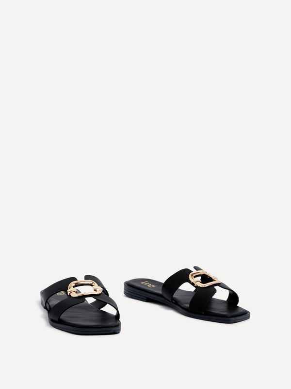 Linzi Black Faux Leather Flat Sandal With Gold Embellished Detail