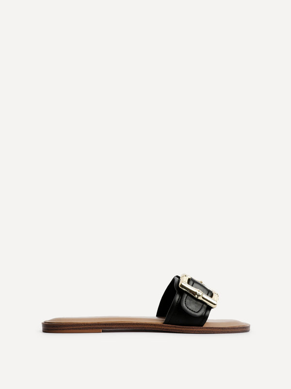 Linzi Black Faux Leather Flat Slider Sandal With Buckle Detail