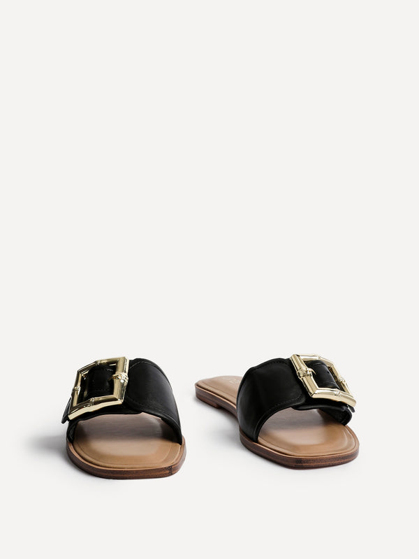 Linzi Black Faux Leather Flat Slider Sandal With Buckle Detail