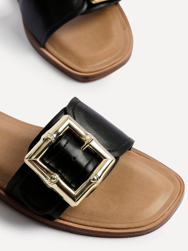 Linzi Black Faux Leather Flat Slider Sandal With Buckle Detail
