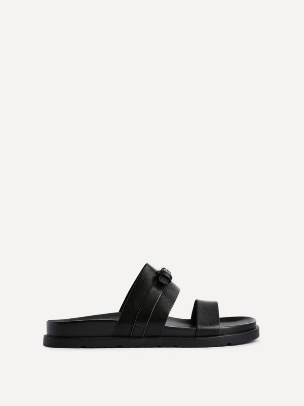 Linzi Black Faux Leather Flat Slider Sandals With Buckle Detail