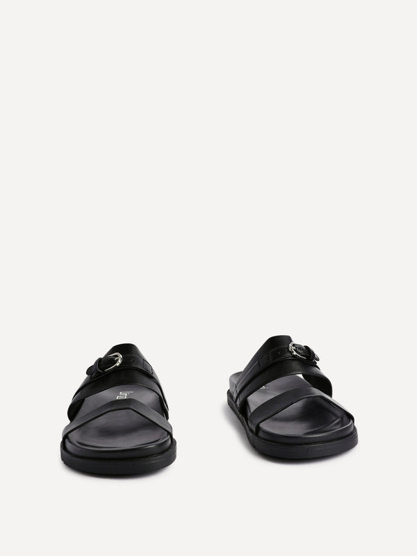 Linzi Black Faux Leather Flat Slider Sandals With Buckle Detail