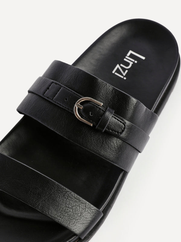 Linzi Black Faux Leather Flat Slider Sandals With Buckle Detail