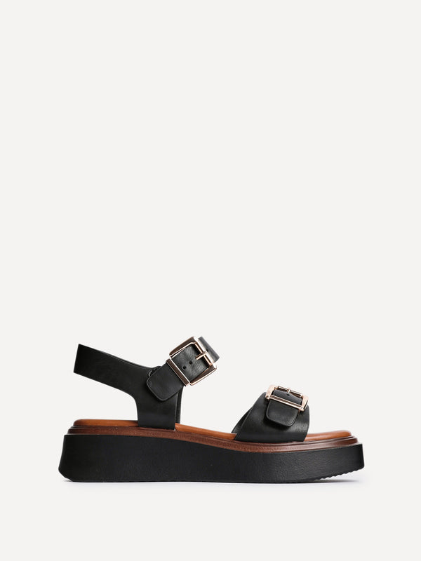 Linzi Black Faux Leather Flatform Sandals With Large Buckle Detail