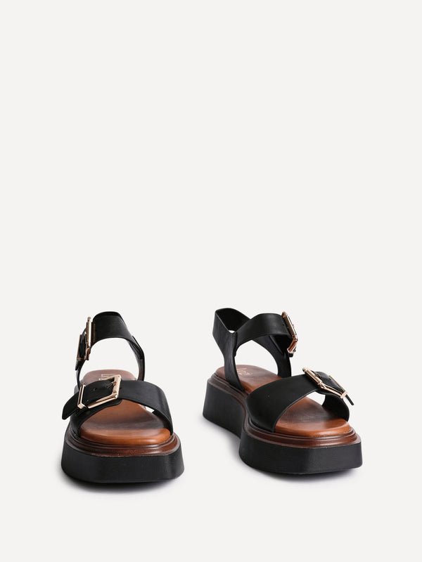 Linzi Black Faux Leather Flatform Sandals With Large Buckle Detail