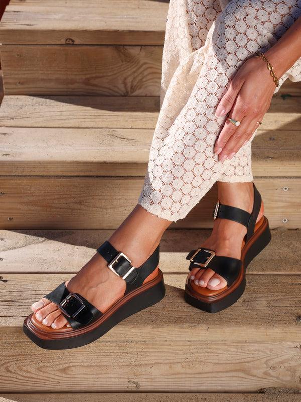 linzi Black Faux Leather Flatform Sandals With Large Buckle Detail