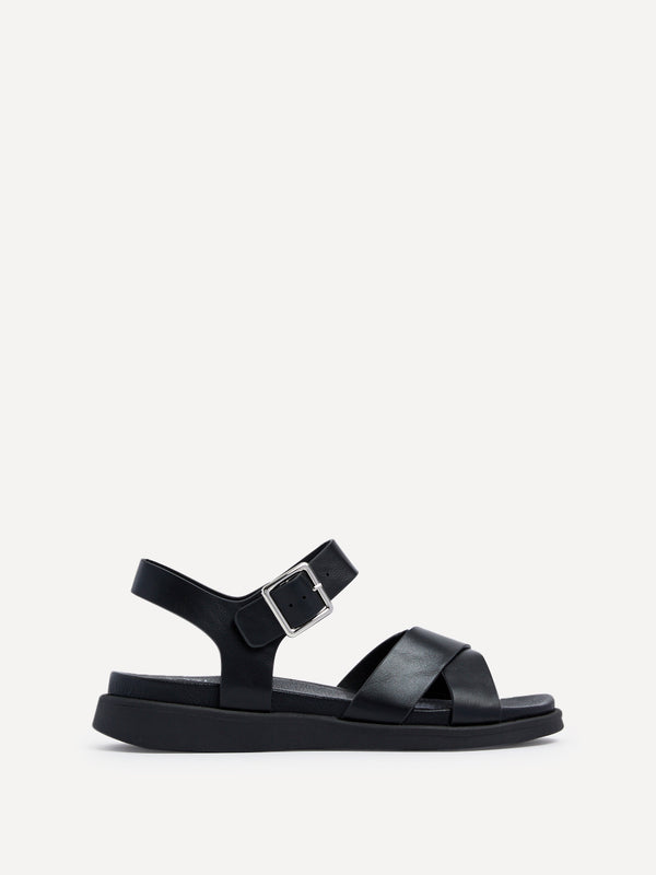 Linzi Black Faux Leather Footbed Flatform Sandals With Crossover Front Strap