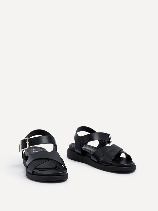 Linzi Black Faux Leather Footbed Flatform Sandals With Crossover Front Strap