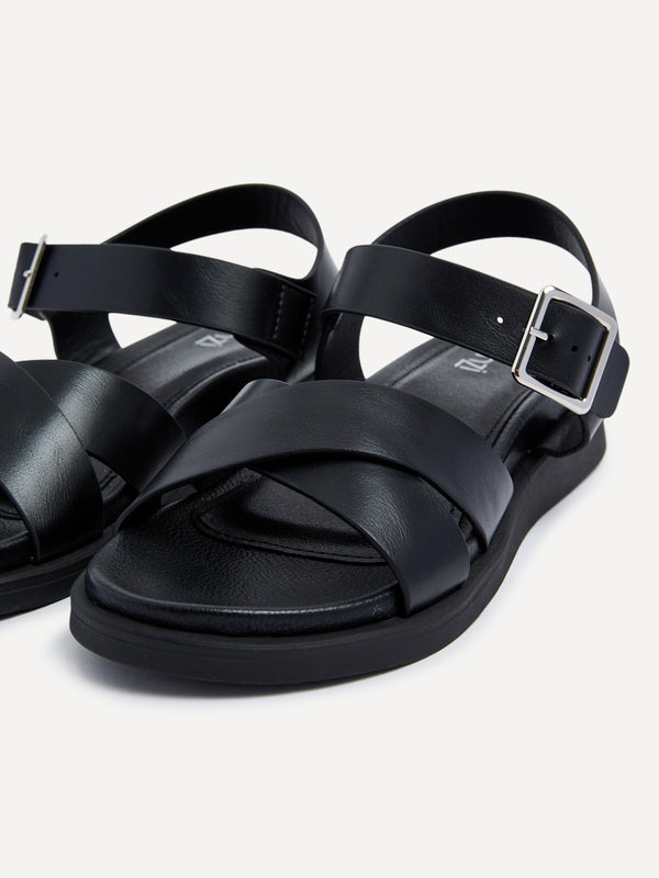 Linzi Black Faux Leather Footbed Flatform Sandals With Crossover Front Strap