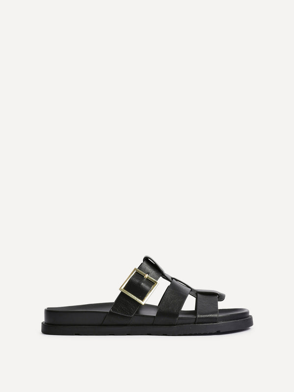 Linzi Black Faux Leather Gladiator Slip-On Sandal With Buckle Detail