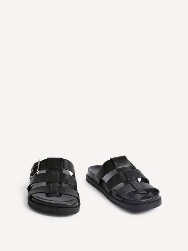 Linzi Black Faux Leather Gladiator Slip-On Sandal With Buckle Detail