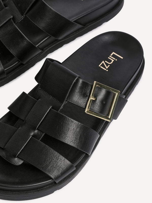 Linzi Black Faux Leather Gladiator Slip-On Sandal With Buckle Detail