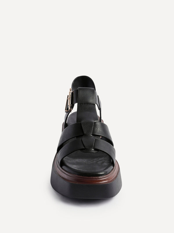 Linzi Black Faux Leather Gladiator Style Flatform Sandals
